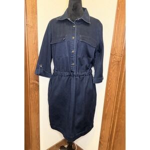 Michael Kors Dress SZ 8 Blue Denim Front  Front 3/4 Tab Sleeve Collar Dress